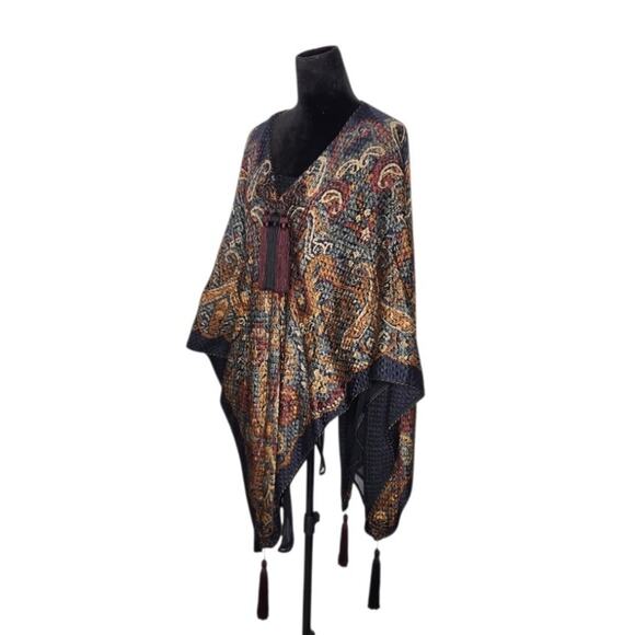 Unbranded Vtg 70s Textured Matelasse Paisley Poncho Cape Wrap w/ Tassels OS - Picture 2 of 6